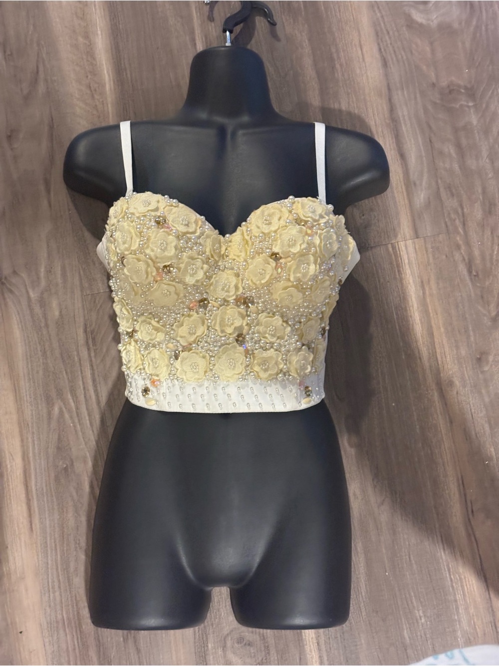 Love J Floral Pearl Embellished Bustier Corset Crop Top Ivory Size M - Picture 4 of 9